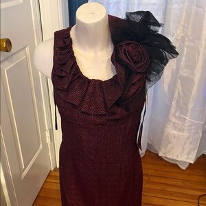 Nue by Shani Burgundy Midi Dress with Black Floral Detail